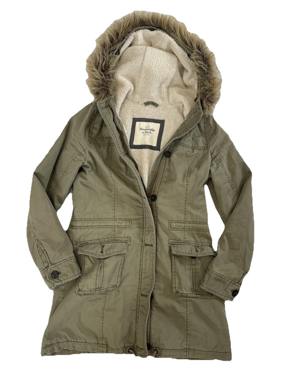 Vintage Y2K Abercrombie & Fitch Women's Green Fur Hooded Sherpa Lined Parka L